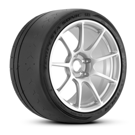 Car tire mounted on a silver alloy wheel, shown at an angle to reveal tread and rim details.